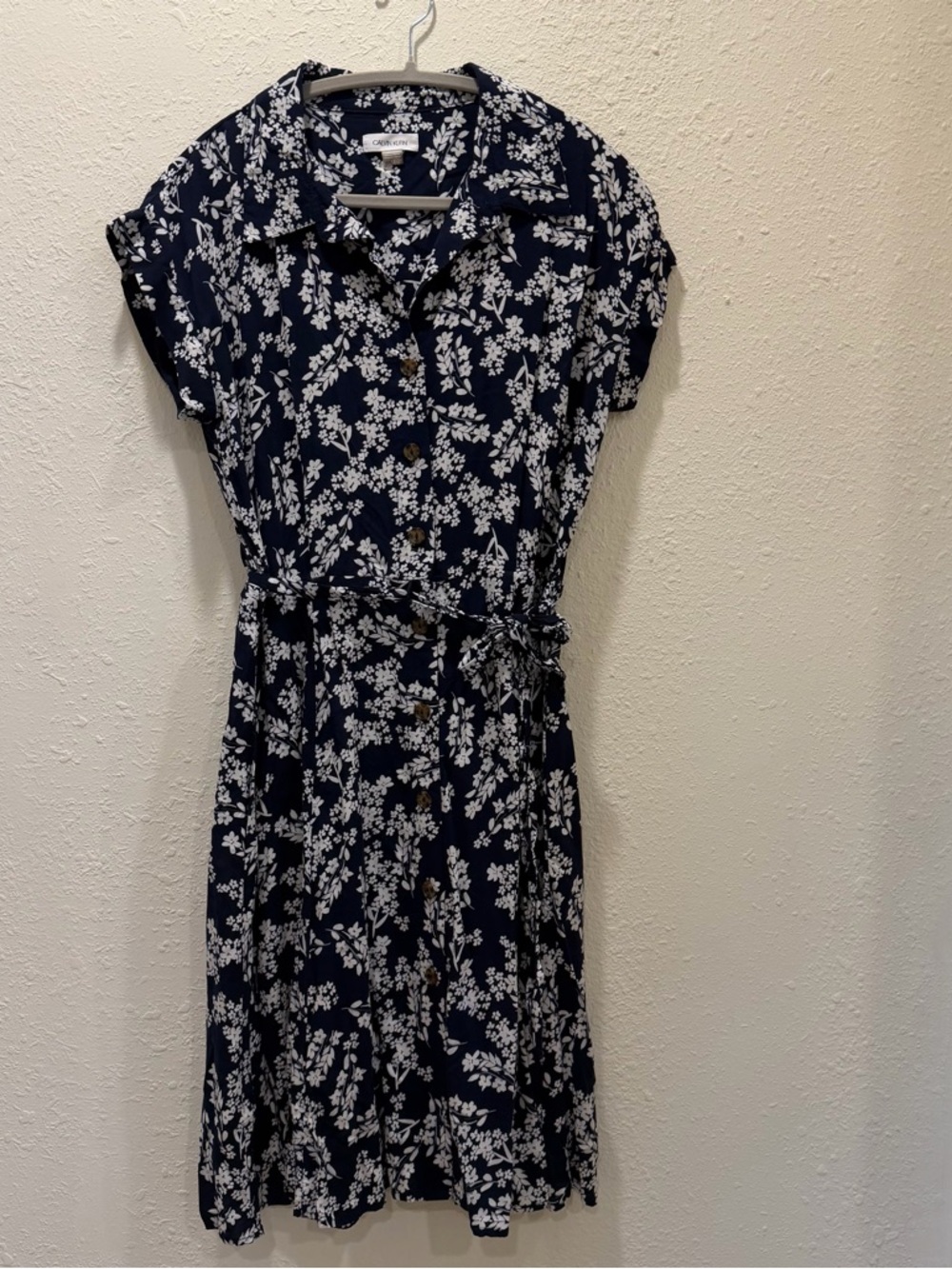 Calvin Klein Navy Blue and White Floral Shirt Dress